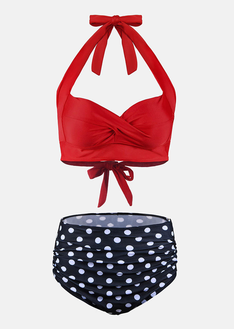 

Bikini Sets Polka Dot Halter Ruffled Bikini Set in Red. Size