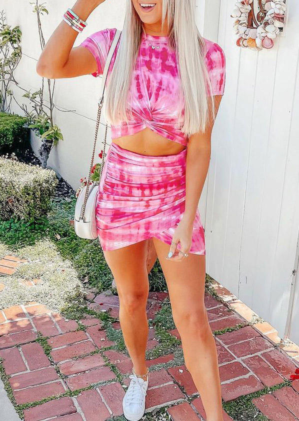 Tie Dye Twist Crop Top And Mini Skirt Outfit - Rose Red