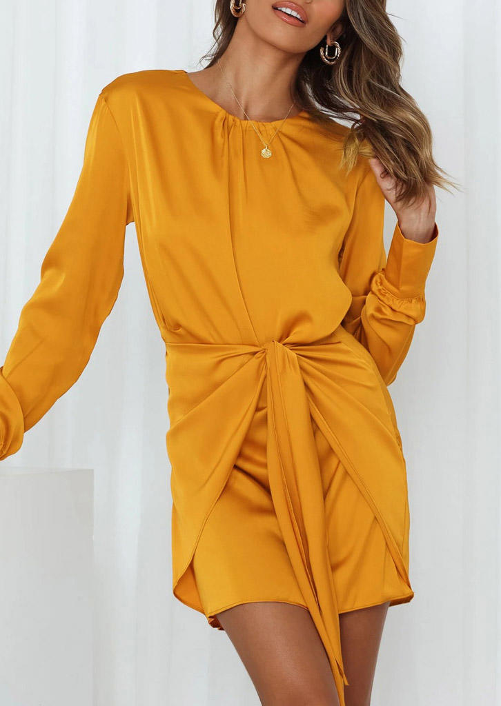 Mini Dresses Ruffled Tie Long Sleeve Mini Dress in Yellow. Size: L,XL