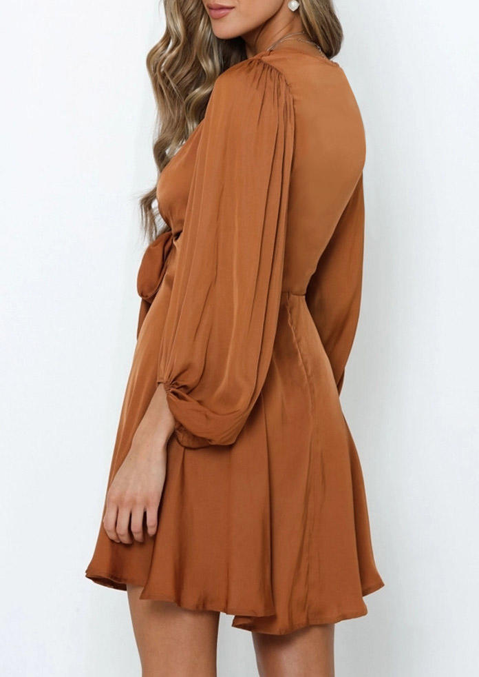 Mini Dresses Bowknot Zipper Puff Sleeve Mini Dress - Chocolate in Brown. Size: XL