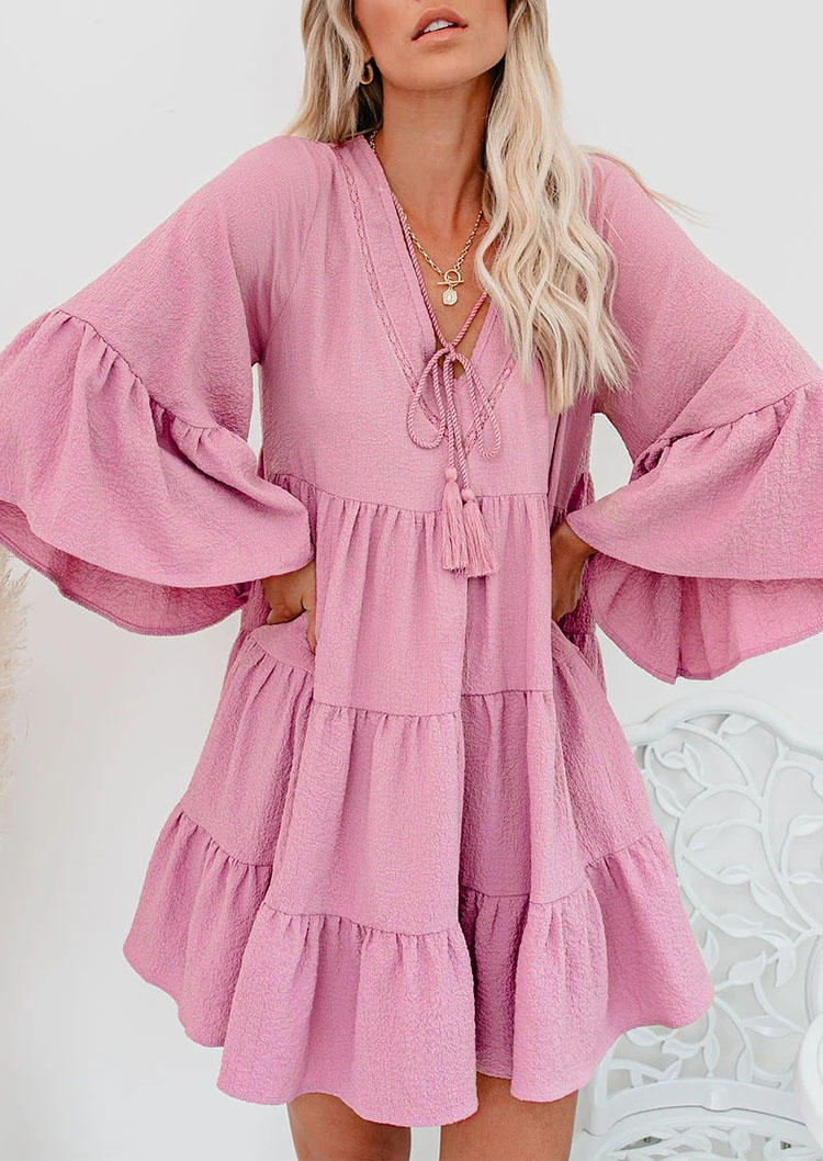 

Mini Dresses Ruffled Tassel V-Neck Mini Dress in Pink. Size: ,M,L,XL