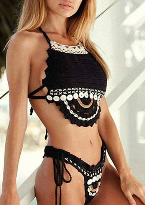 Bikini Sets Lace Splicing Shell Halter Tie Bikini Set in Black. Size: L,M,S