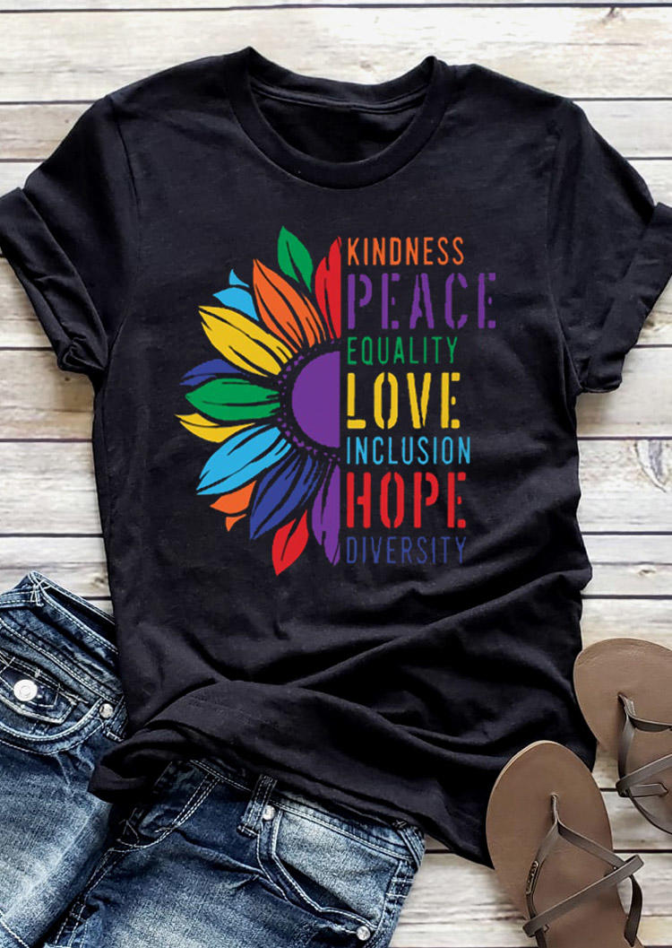 T-shirts Tees Kindness Peace Equality Love Inclusion Hope Diversity T-Shirt Tee in Black. Size: L