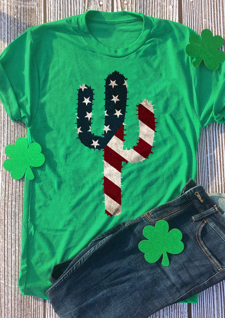 T-shirts Tees American Flag Cactus T-Shirt Tee in Green. Size: S,M,L,XL