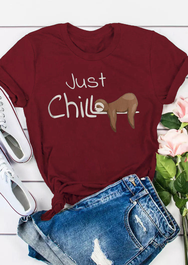 T-shirts Tees Just Chill Cartoon O-Neck T-Shirt Tee in Burgundy. Size: S,M,L,XL