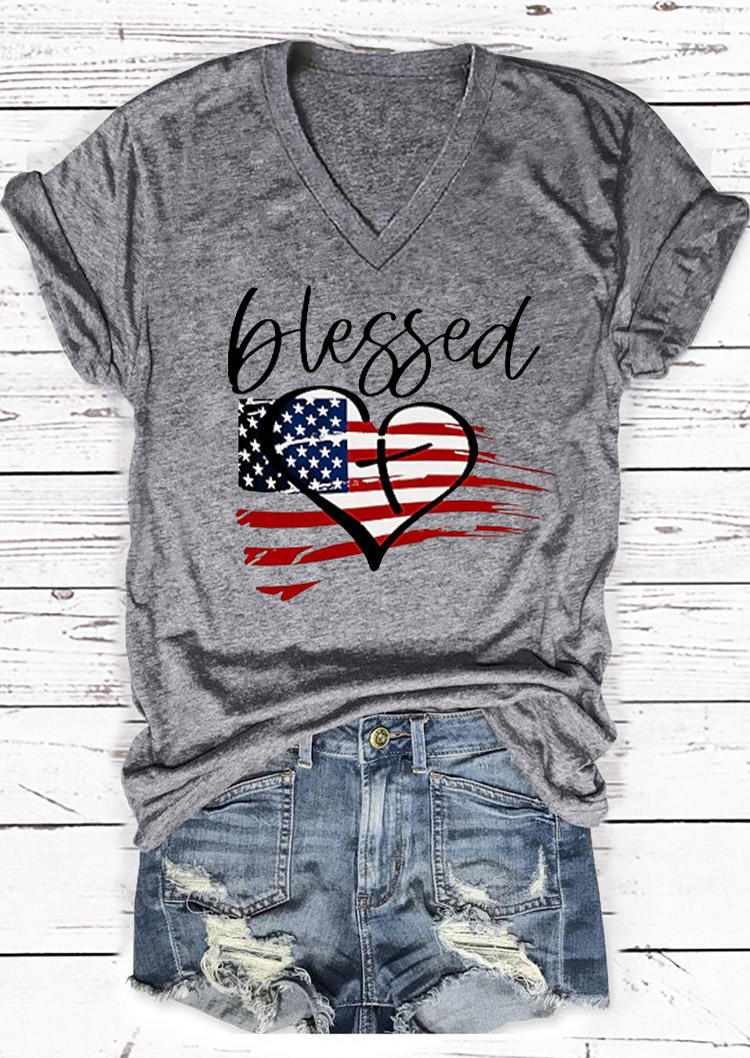 

T-shirts Tees American Flag Blessed V-Neck T-Shirt Tee in Gray. Size