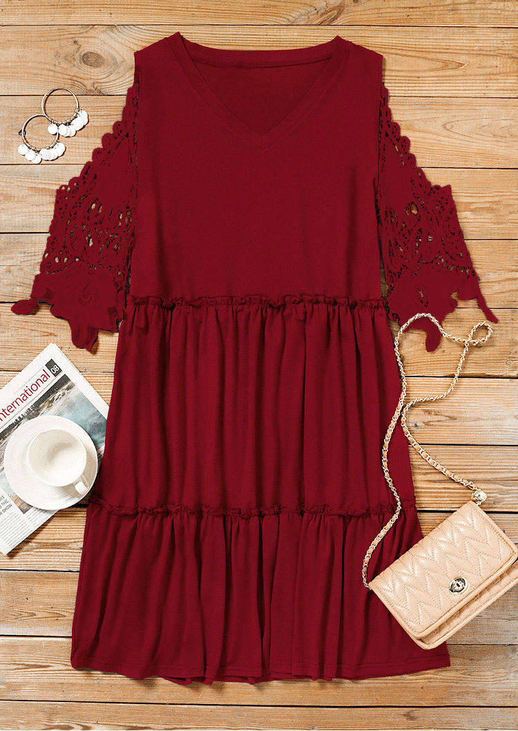 Lace Cold Shoulder Mini Dress - Burgundy
