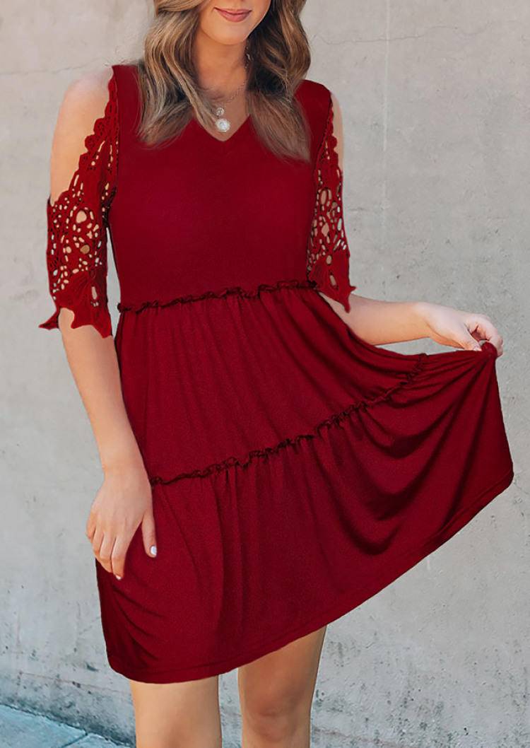 Mini Dresses Lace Cold Shoulder Mini Dress - Burgundy in Red. Size: L,M,S