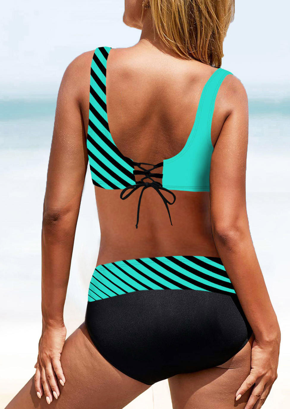 

Bikini Sets Color Block Striped Lace Up Bikini Set in Cyan. Size