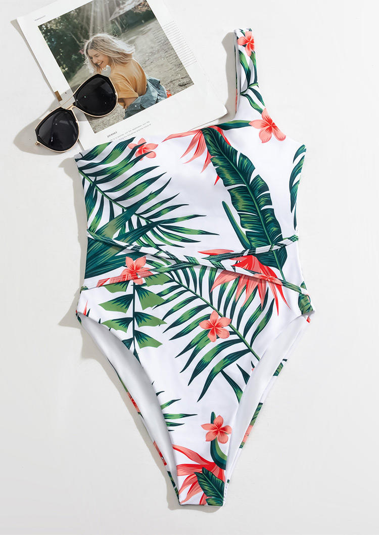 One-Pieces Swimsuit Floral Palm Leaf One Shoulder One-Piece Bathing Suit Swimwear in White. Size: S,M,L,XL