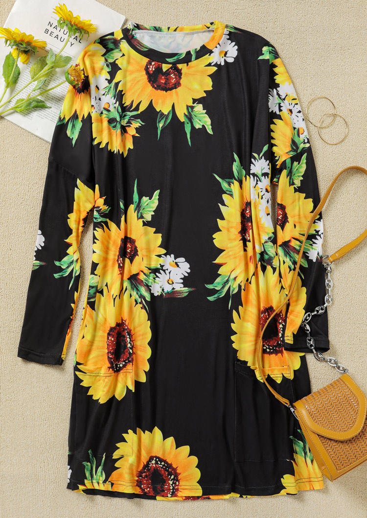 Sunflower Daisy Pocket Mini Dress - Black