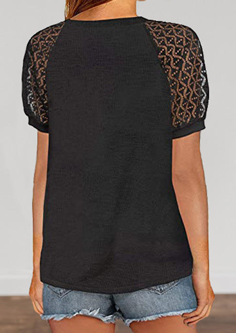 

Blouses Lace Short Sleeve V-Neck Blouse in Black. Size