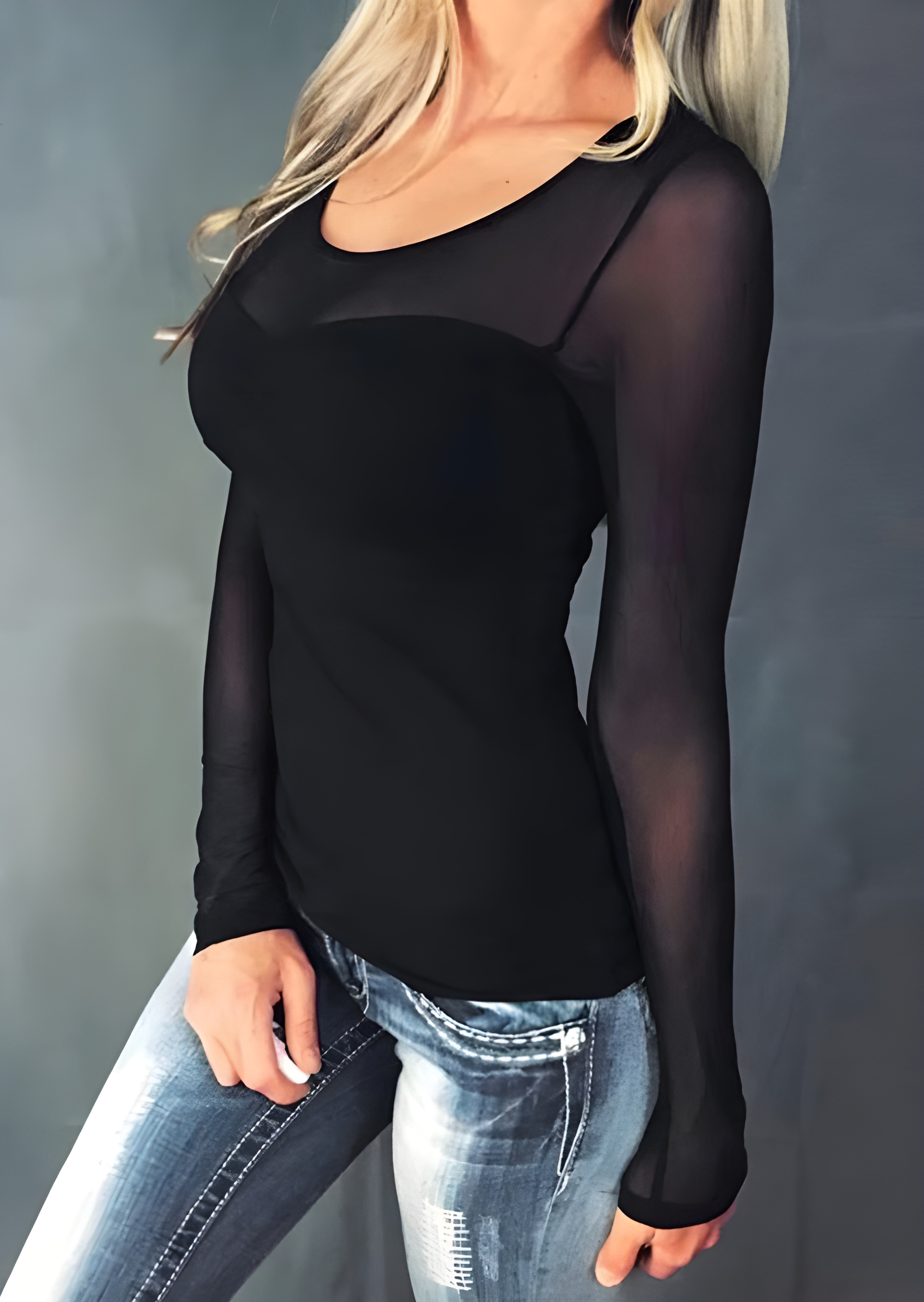 Blouses Mesh Splicing Long Sleeve Blouse in Black. Size: XL