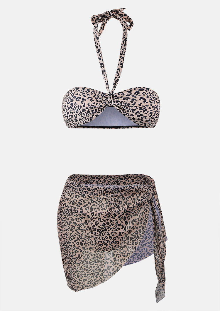 Bikini Sets 3Pcs Leopard Halter Bikini Set in Leopard. Size: L