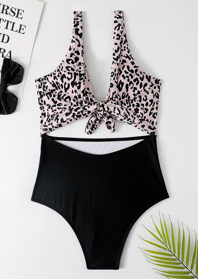 

One-Pieces Swimsuit Leopard Hollow Out Tie One-Piece Bathing Suit Swimwear in Leopard. Size