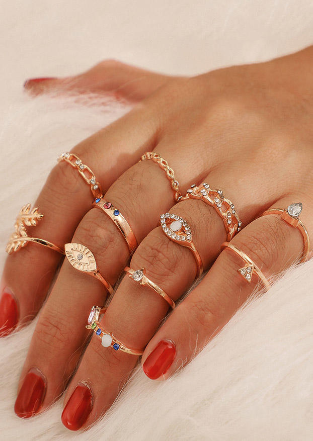 

Rings 11Pcs Eye Rhinestone Hollow Out Ring Set in Gold. Size