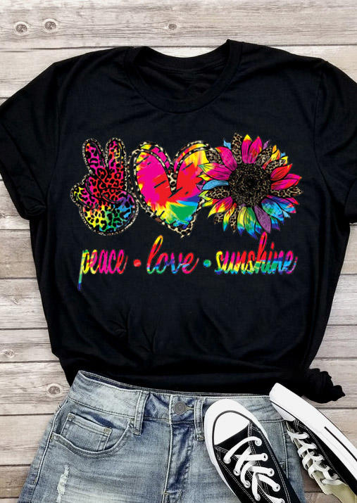 T-shirts Tees Peace Love Sunshine Sunflower Leopard T-Shirt Tee in Black. Size: S,M,L,XL