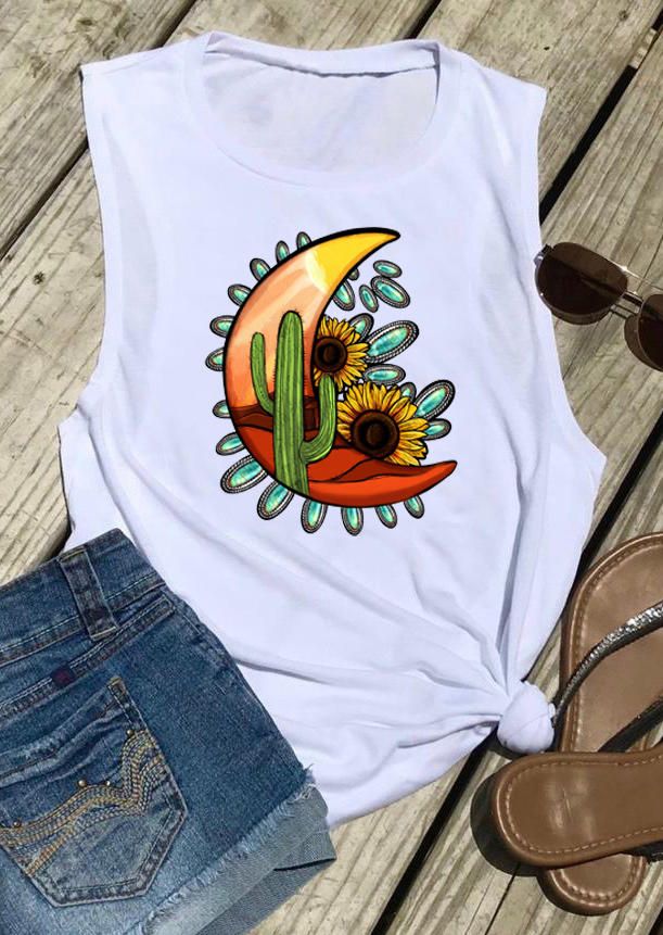

Tank Tops Moon Cactus Sunflower Tank Top in White. Size: ,M,L,XL
