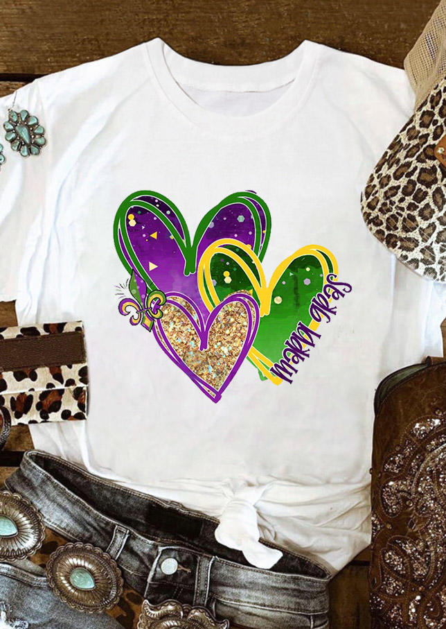 

T-shirts Tees Mardi Gras Heart Shrove Tuesday T-Shirt Tee in White. Size: ,M,L,XL