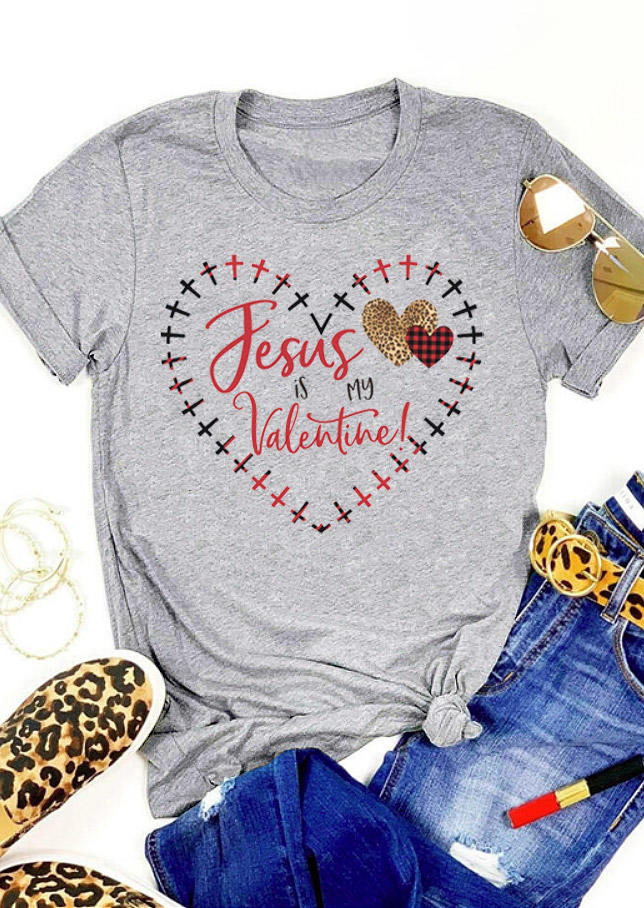 

T-shirts Tees Jesus Is My Valentine Leopard Plaid Heart T-Shirt Tee in Light Grey. Size: ,M,L,XL