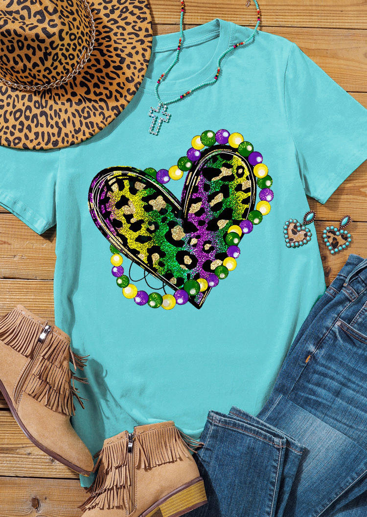 T-shirts Tees Mardi Gras Leopard Heart T-Shirt Tee - Cyan in Blue. Size: S