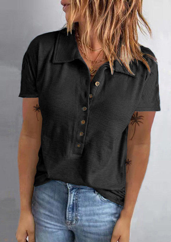 Blouses Button Turn-down Collar Blouse in Black. Size: S