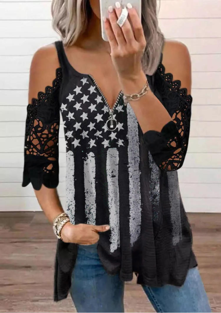 Blouses American Flag Lace Zipper Cold Shoulder Blouse in Black. Size: S