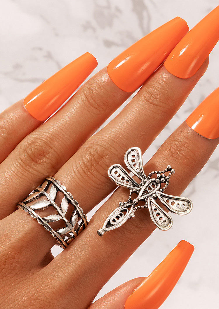 

Rings 2Pcs Dragonfly Leaf Alloy Ring Set in Silver. Size