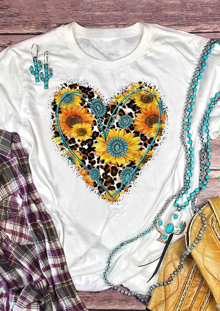 T-shirts Tees Sunflower Leopard Heart T-Shirt Tee in White. Size: XL
