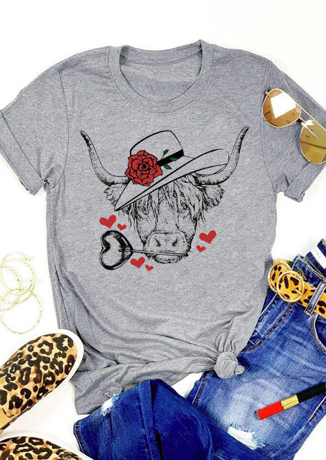T-shirts Tees Steer Skull Rose Heart T-Shirt Tee in Gray. Size: M