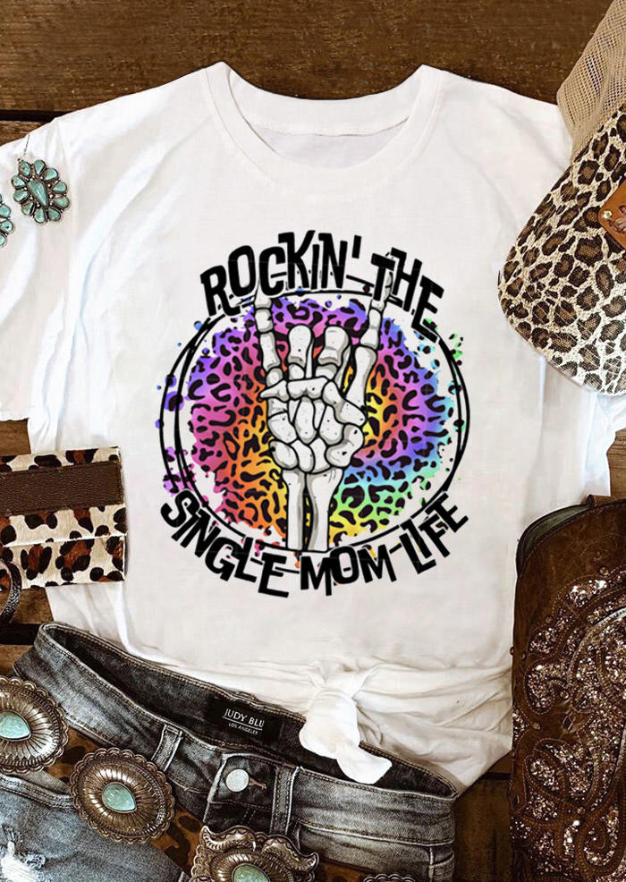 

T-shirts Tees Rockin' The Single Mom Life Leopard Skeleton Hand T-Shirt Tee in White. Size: ,M,L,XL