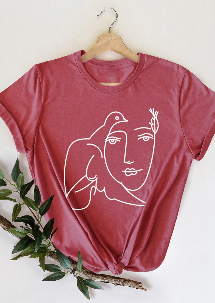 

T-shirts Tees Funny Bird And Woman T-Shirt Tee in Brick Red. Size: ,M,L,XL
