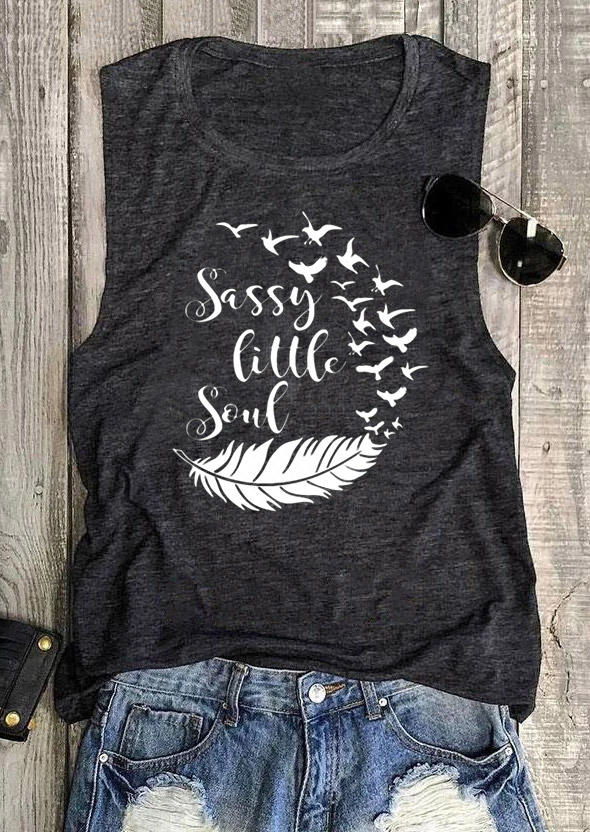 Tank Tops Sassy Little Soul Feather Tank Top in Dark Grey. Size: S