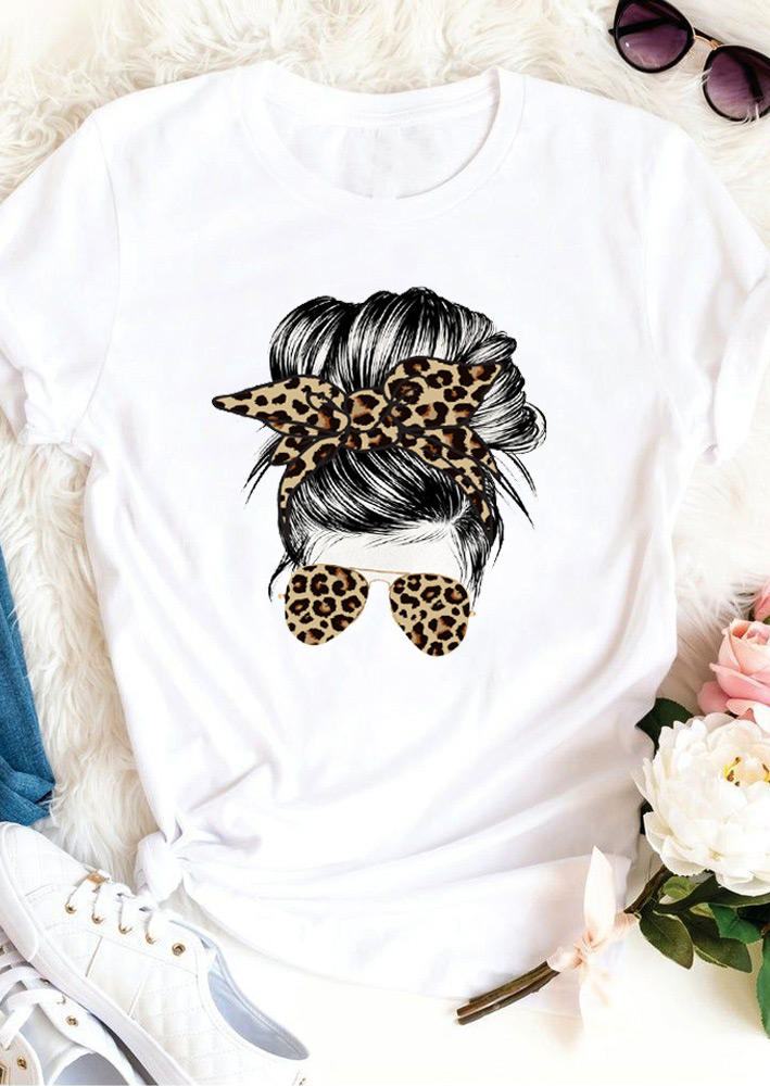 Leopard Sunglasses O-Neck T-Shirt Tee - White