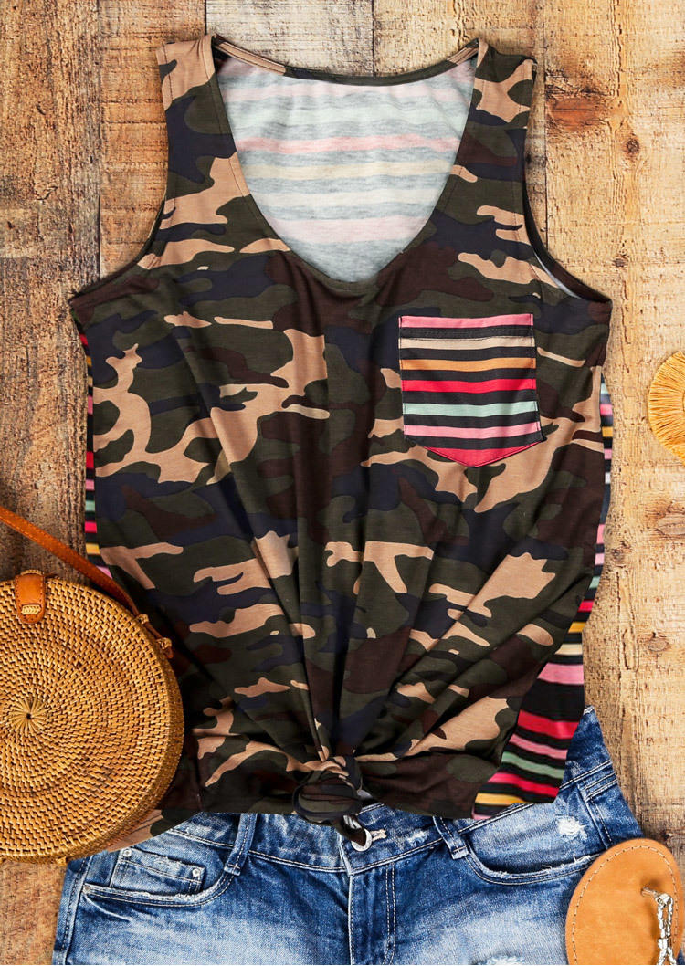 Tank Tops Camouflage Striped Pocket Tank Top in Multicolor. Size: S