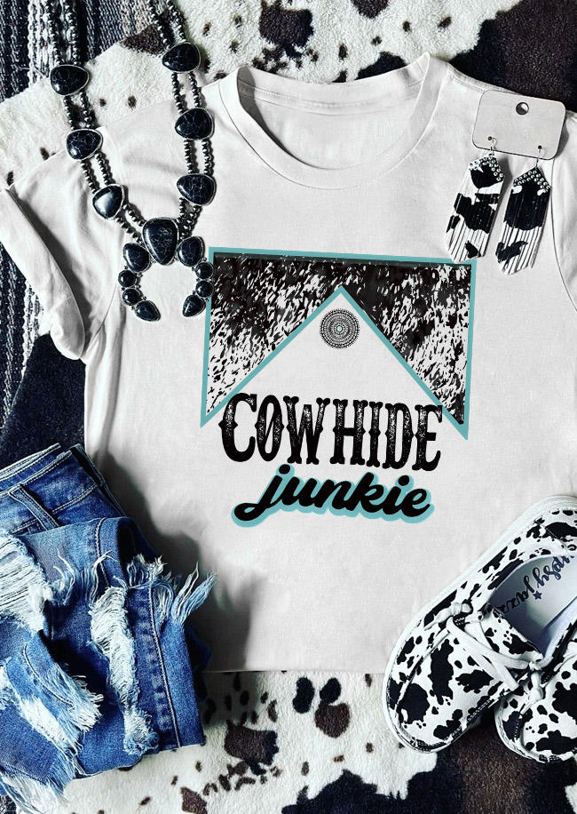 T-shirts Tees Cowhide Junkie O-Neck T-Shirt Tee in White. Size: S,M,L,XL