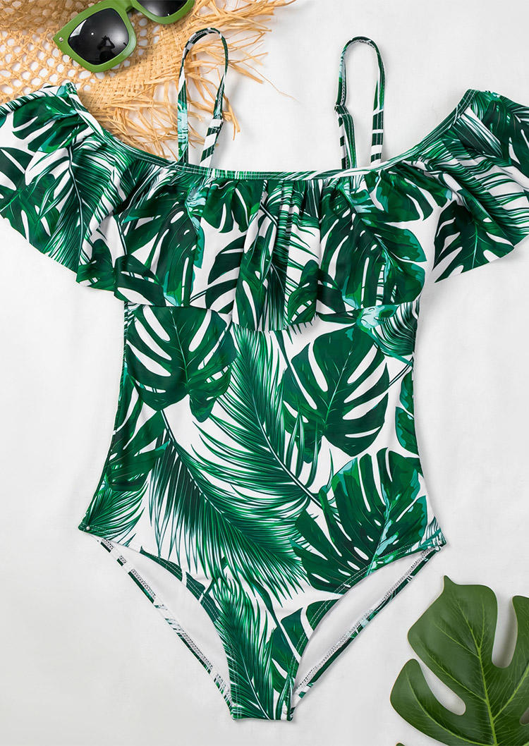 One-Pieces Swimsuit Palm Leaf Ruffled One-Piece Bathing Suit Swimwear in Green. Size: S,M,L,XL
