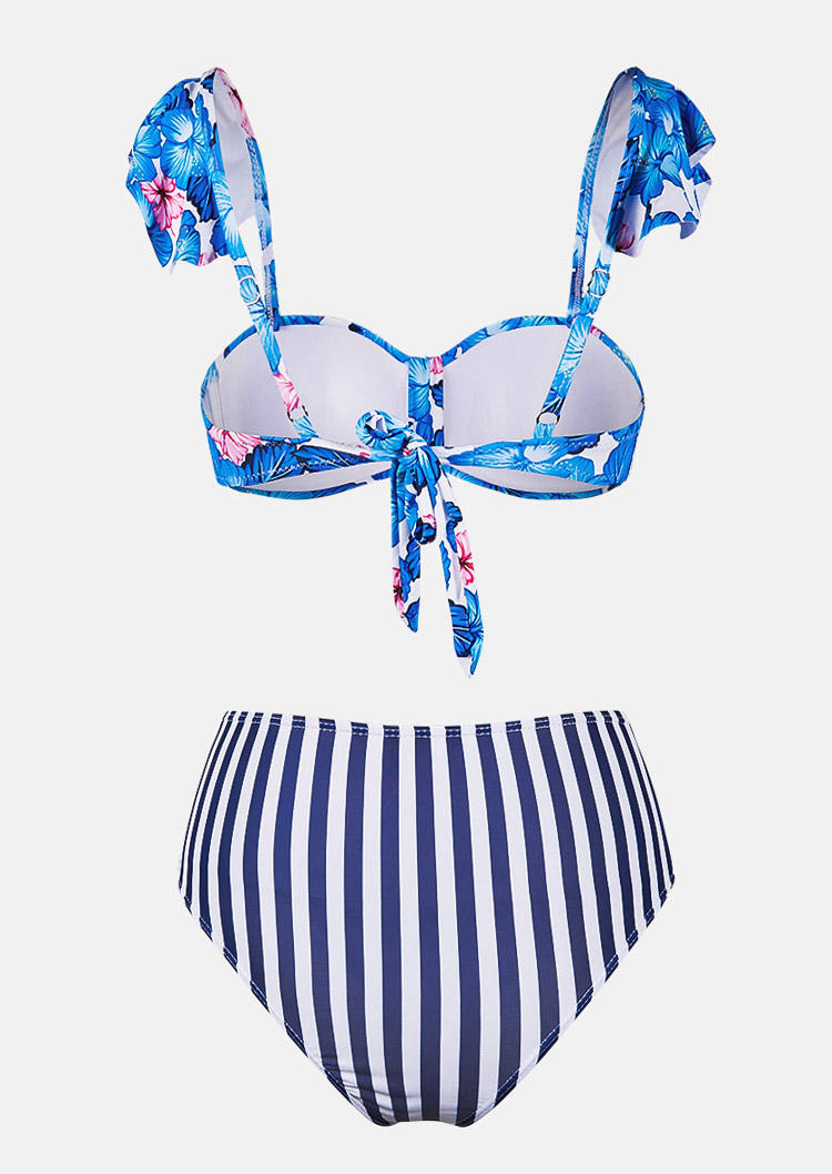Bikini Sets Floral Vertical Striped Ruffled Bikini Set in Blue. Size: S,M,L