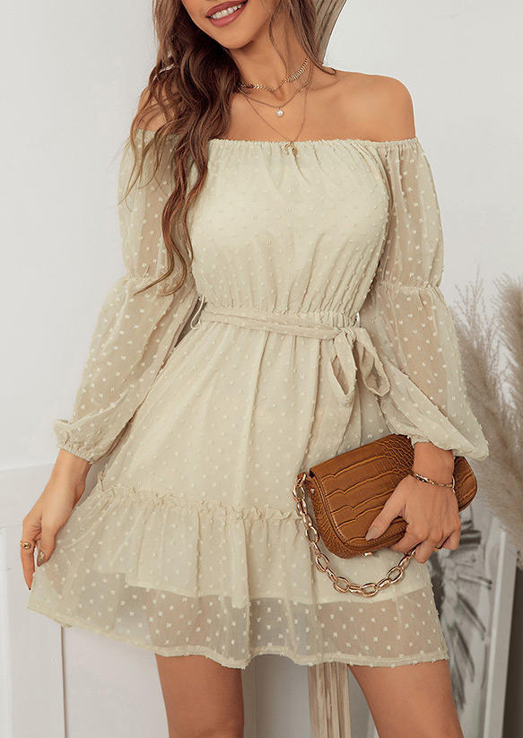 

Mini Dresses Dotted Swiss Off Shoulder Mini Dress in Apricot. Size