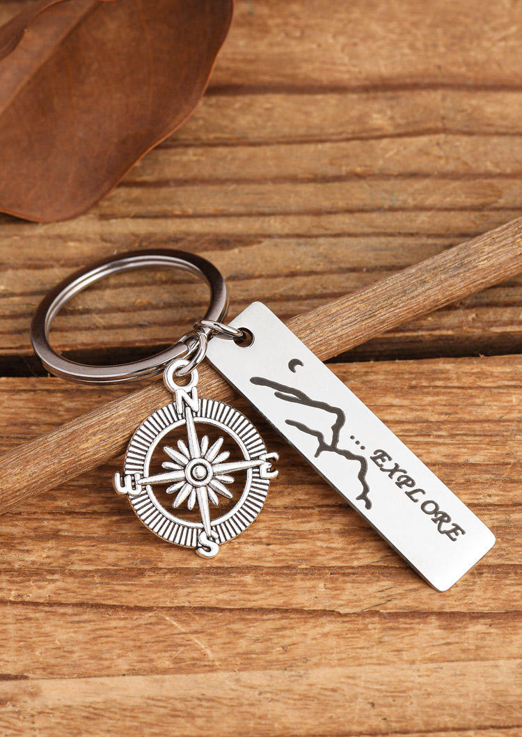 

Keychains Explore Compass Stainless Steel Keychain in Silver. Size