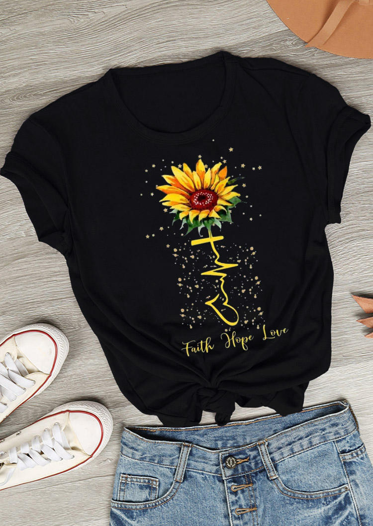 T-shirts Tees Faith Hope Love Sunflower T-Shirt Tee in Black. Size: L