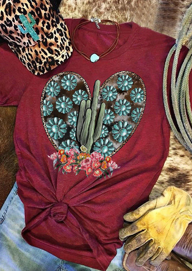 T-shirts Tees Cactus Turquoise Heart T-Shirt Tee in Burgundy. Size: M,L