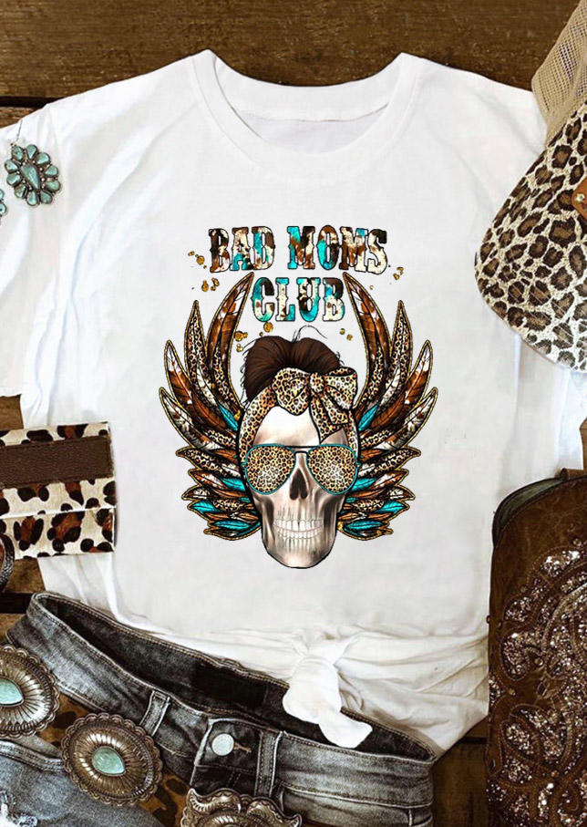T-shirts Tees Bad Mom Club Leopard Skull Wing T-Shirt Tee in White. Size: S,M,L,XL