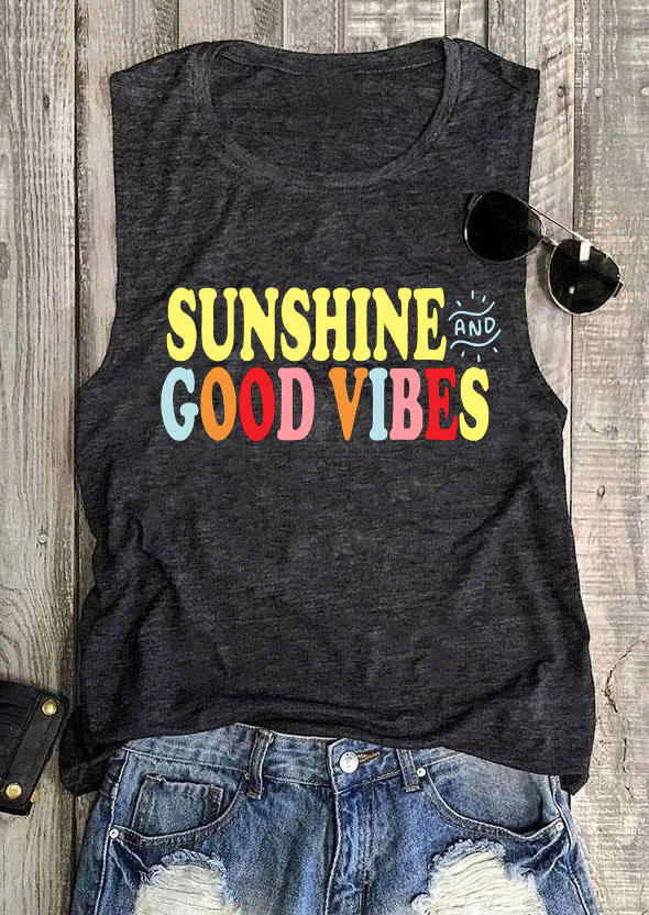 Tank Tops Sunshine And Good Vibes Tank Top in Dark Grey. Size: XL