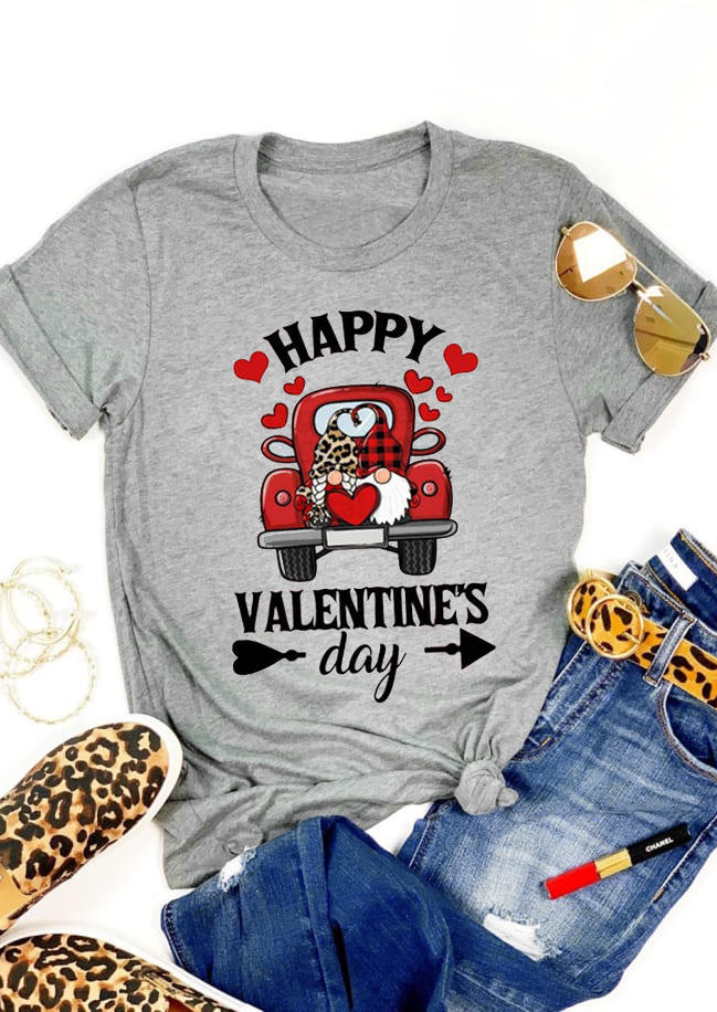

T-shirts Tees Happy Valentine's Day Leopard Plaid Gnomies T-Shirt Tee in Gray. Size: S,M,,XL