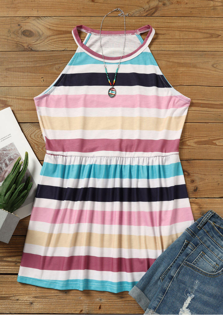 Tank Tops Colorful Striped Ruffled Halter Camisole in Multicolor. Size: L,M,S,XL
