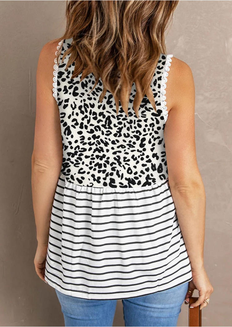 Tank Tops Leopard Striped Splicing Sleeveless Tank Top in White. Size: M,S
