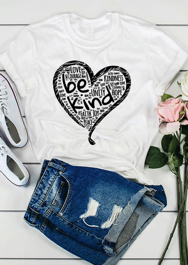 T-shirts Tees Be Kind Love Heart O-Neck T-Shirt Tee in White. Size: M