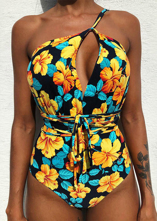 One-Pieces Swimsuit Floral Criss-Cross Tie One-Piece Bathing Suit Swimwear in Multicolor. Size: S,M,L,XL