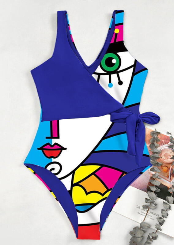 One-Pieces Swimsuit Abstract Face V-Neck One-Piece Bathing Suit Swimwear in Blue. Size: L,M,S,XL